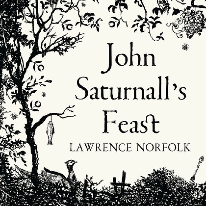 Omslaget til John Saturnall's Feast viser ein skog der ein fisk henger til tørk