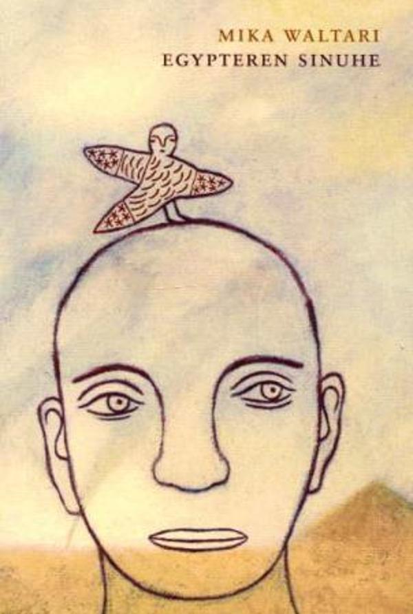 Omslaget til Egypteren Sinuhe viser ei teikning av ein mann med ein liten fugl på hovudet.